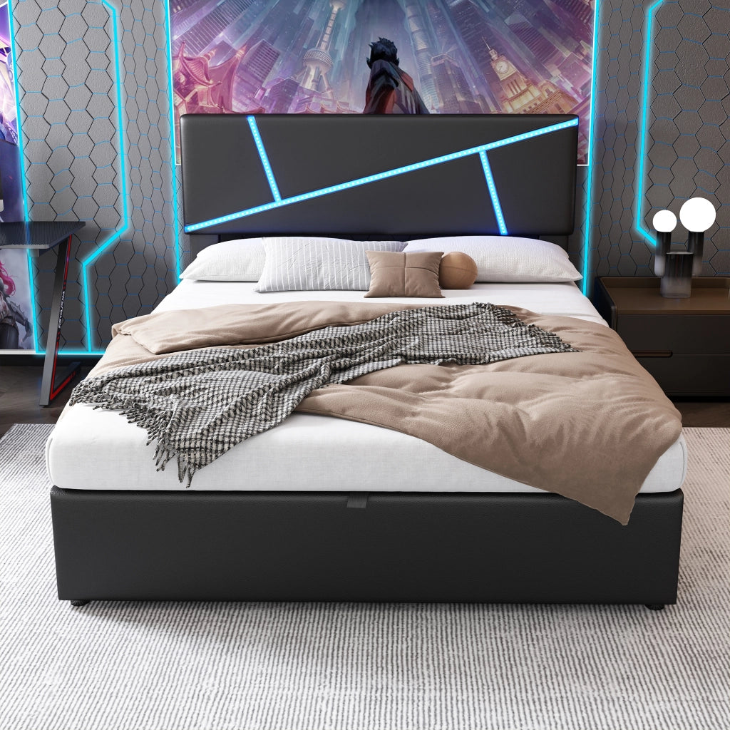 LETTO Contenitore 140x200 cm con LED PU Nero
