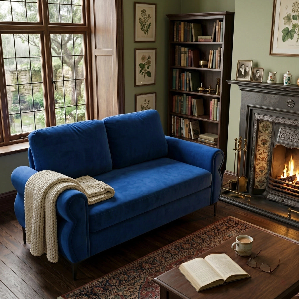 Divano compatto in tessuto blu con cuscini sfoderabili e struttura in metallo e legno; lunghezza 173.5 cm