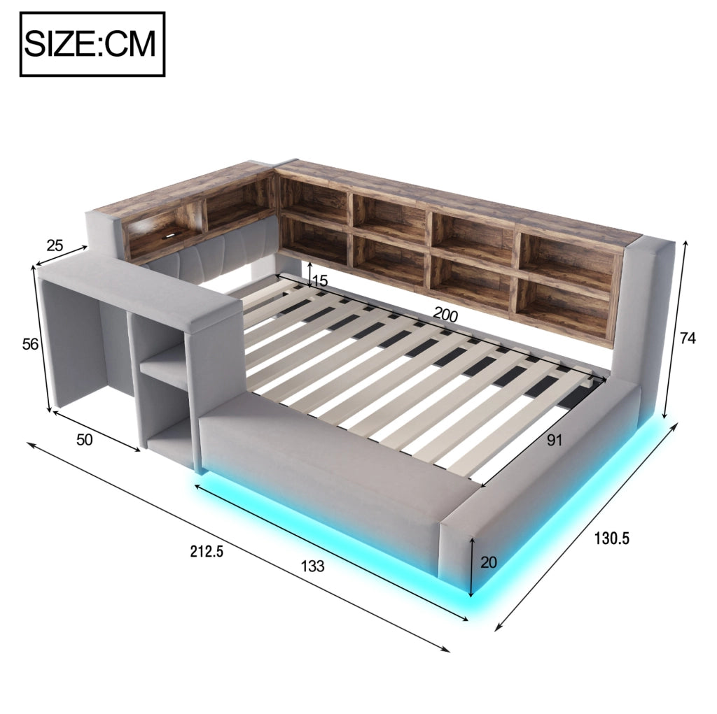 Letto imbottito 90 x 200 cm grigio scuro con LED, prese, vani e tavolino