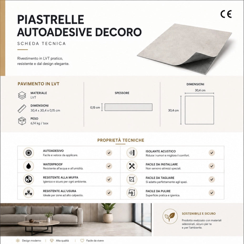 Set 22 Piastrelle Autoadesive per Pavimento e Parete 30x30 cm 2 mq in LTV PVC Effetto Maiolica Creta