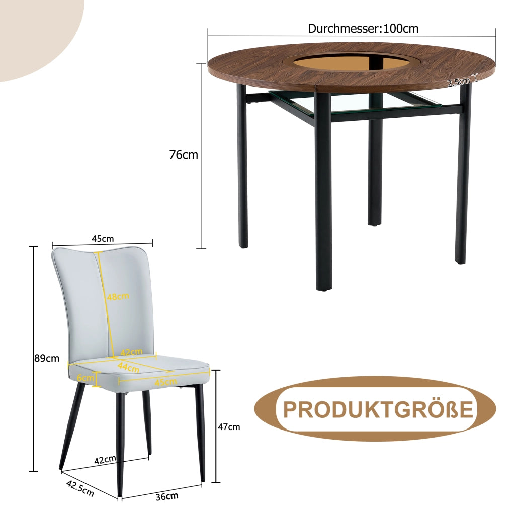 Tavolo da pranzo rotondo 100 cm con 2 sedie; piano in vetro; MDF marrone