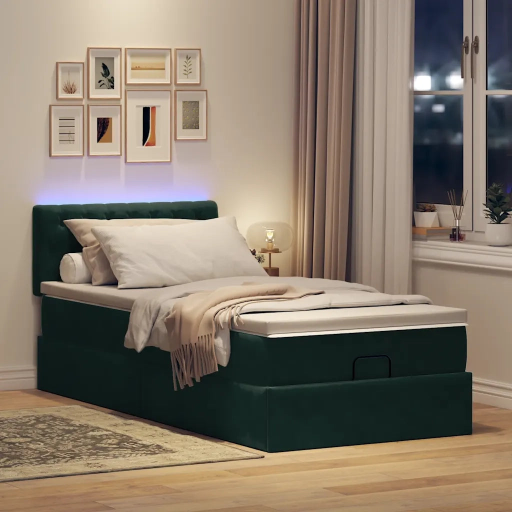 Pouf Letto con Materasso e LED Verde Scuro 80x200cm in Velluto