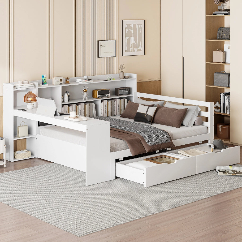 Letto matrimoniale 140x200 cm in legno bianco con scrivania; libreria; cassetti e presa USB