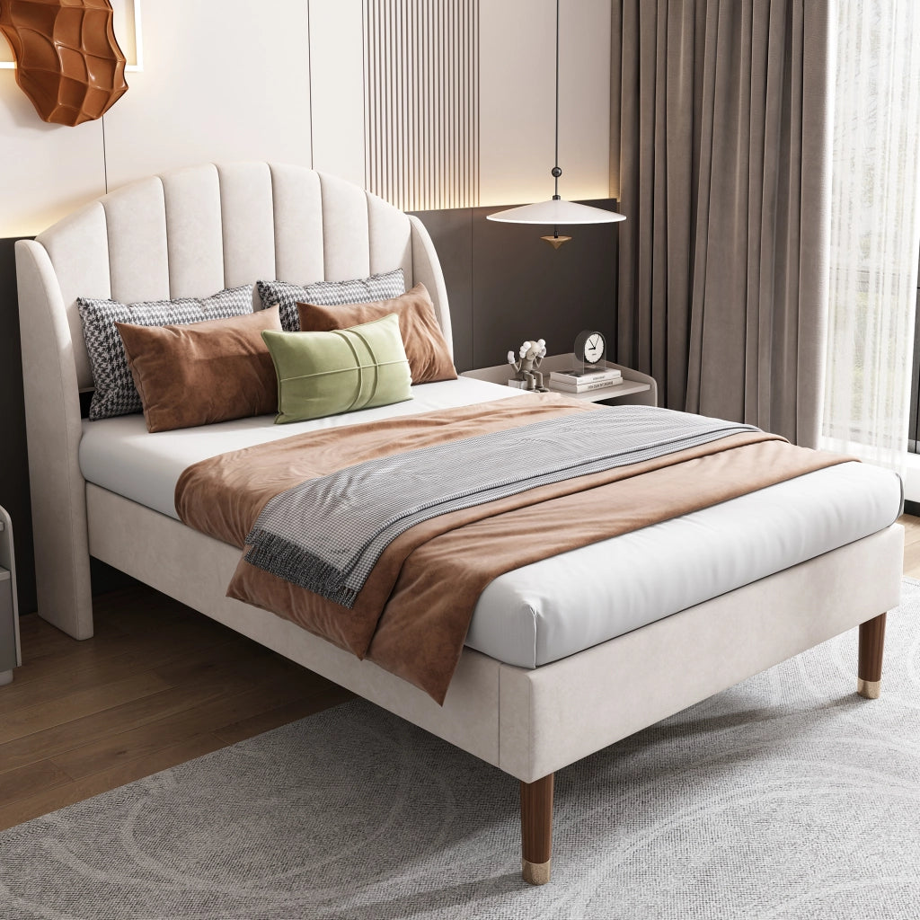 Letto singolo 90 × 200 cm imbottito con testiera e rete a doghe in velluto beige