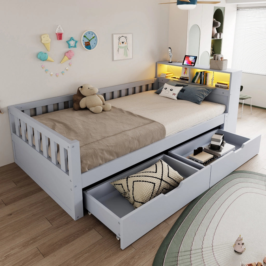Letto singolo 90x200 cm grigio con cassetti; vani portaoggetti; sponde; LED e presa