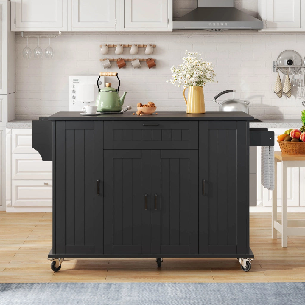 Carrello da cucina 120x45x95 cm con piano ribaltabile e 5 ruote in MDF; nero
