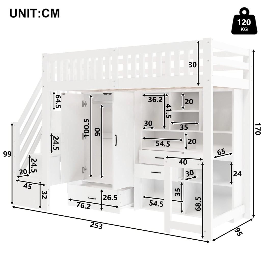 Letto a soppalco 90x200 cm con scrivania; armadio e cassetti bianco HOMVRA