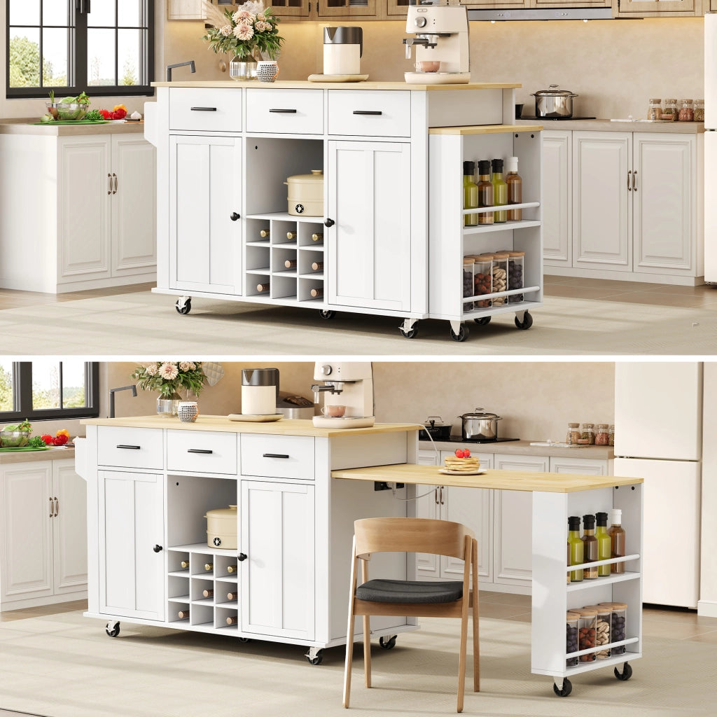Isola da cucina mobile con piano estraibile fino a 223 cm; 3 cassetti; cantinetta e prese; bianco/rovere; 136(223)x50x93 cm