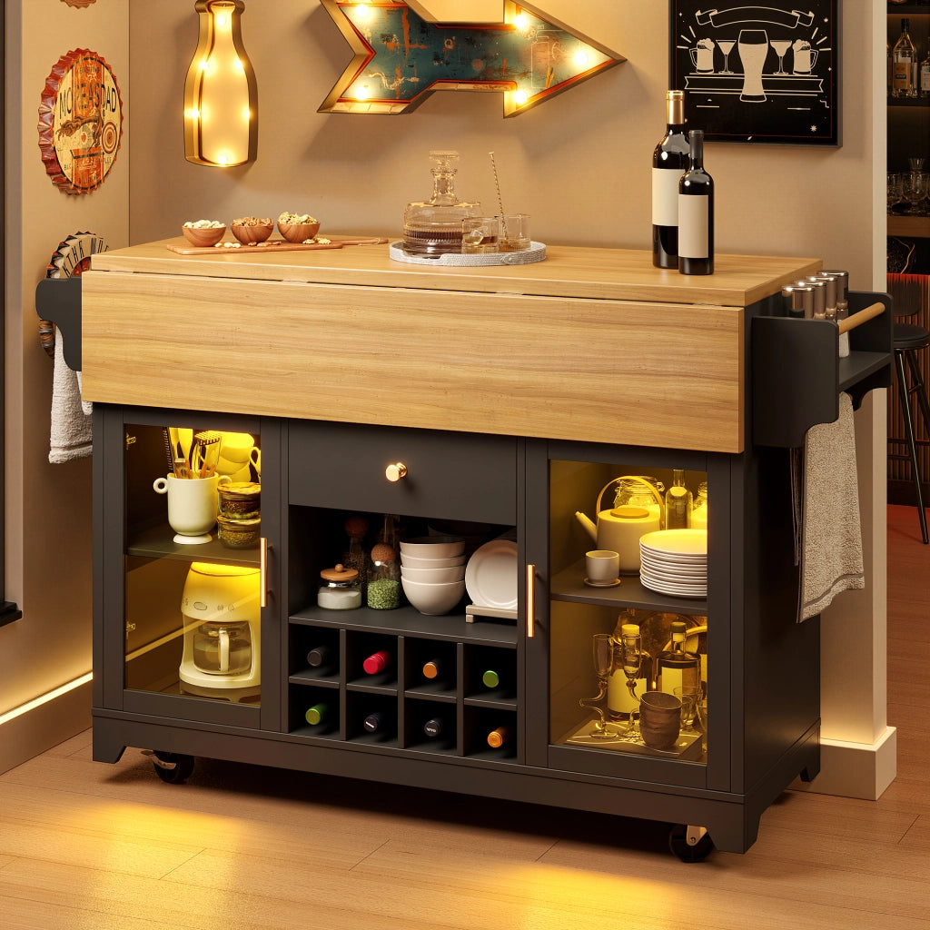 Carrello da cucina con ripiani regolabili, portabottiglie e piani pieghevoli, LED RGB, nero, 120 × 80 × 95 cm