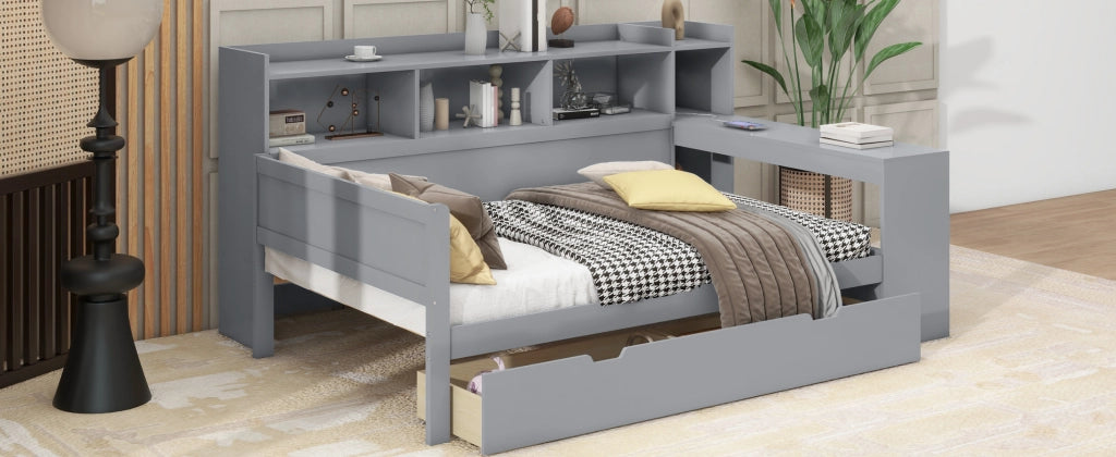 Letto singolo 90 ¡Á 200 cm con scrivania prese USB e ricarica 2 cassetti pannelli di particelle e MDF grigio