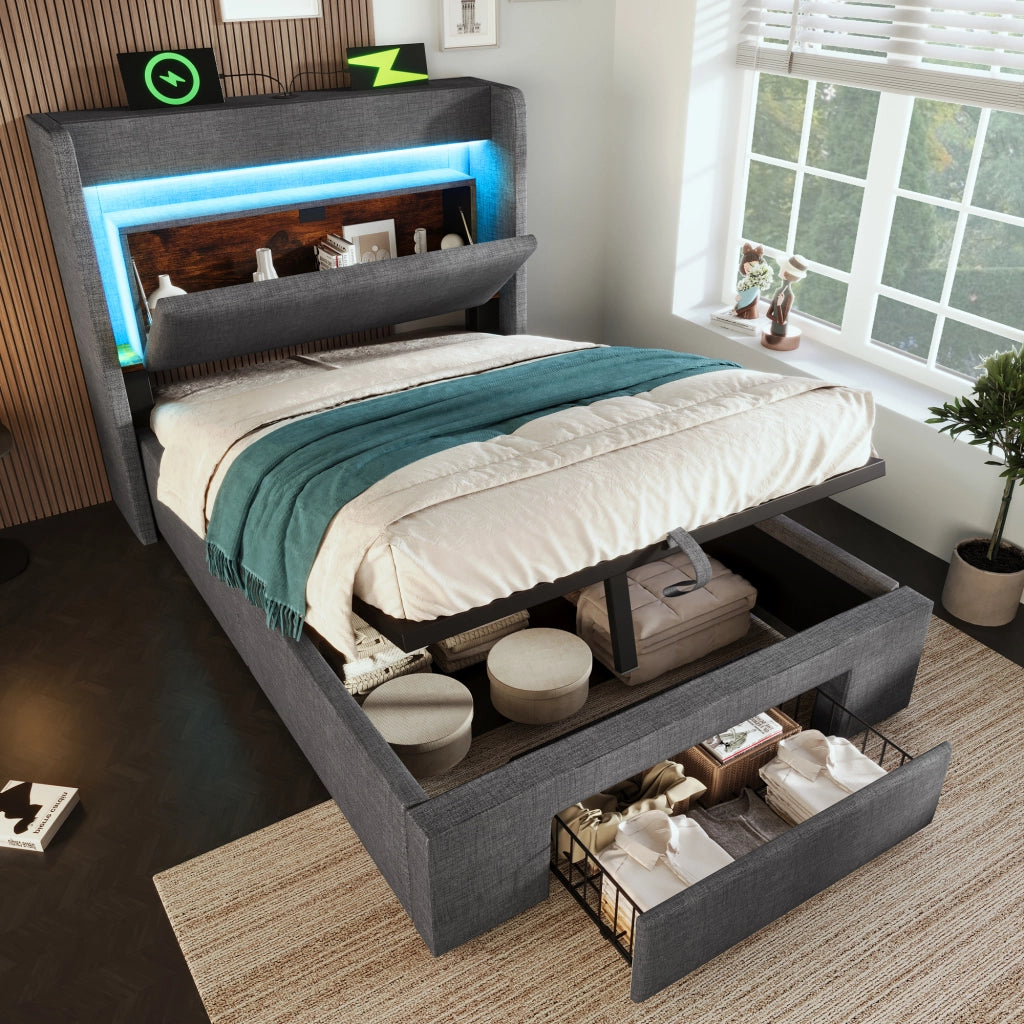 Letto contenitore singolo 90 × 200 cm con cassetto; LED regolabile; USB e tipo C; senza materasso; grigio