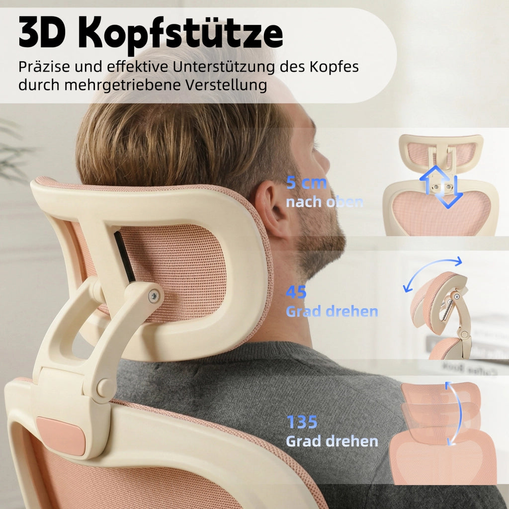 Sedia da ufficio pieghevole - con poggiatesta 3D e supporto lombare - in rete e schiuma - rosa