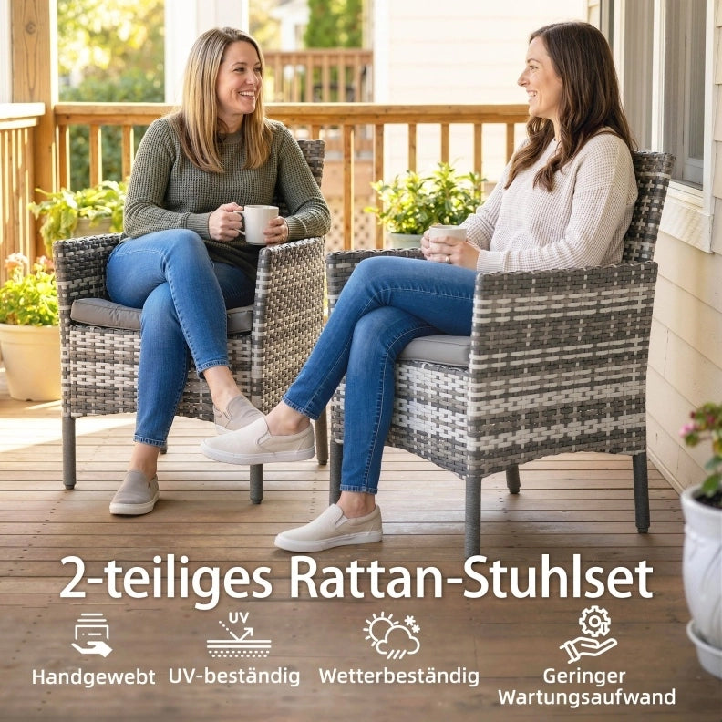 Set di 2 Sedie da Giardino in Polyrattan Grigio con Cuscini Rimovibili e Struttura in Acciaio