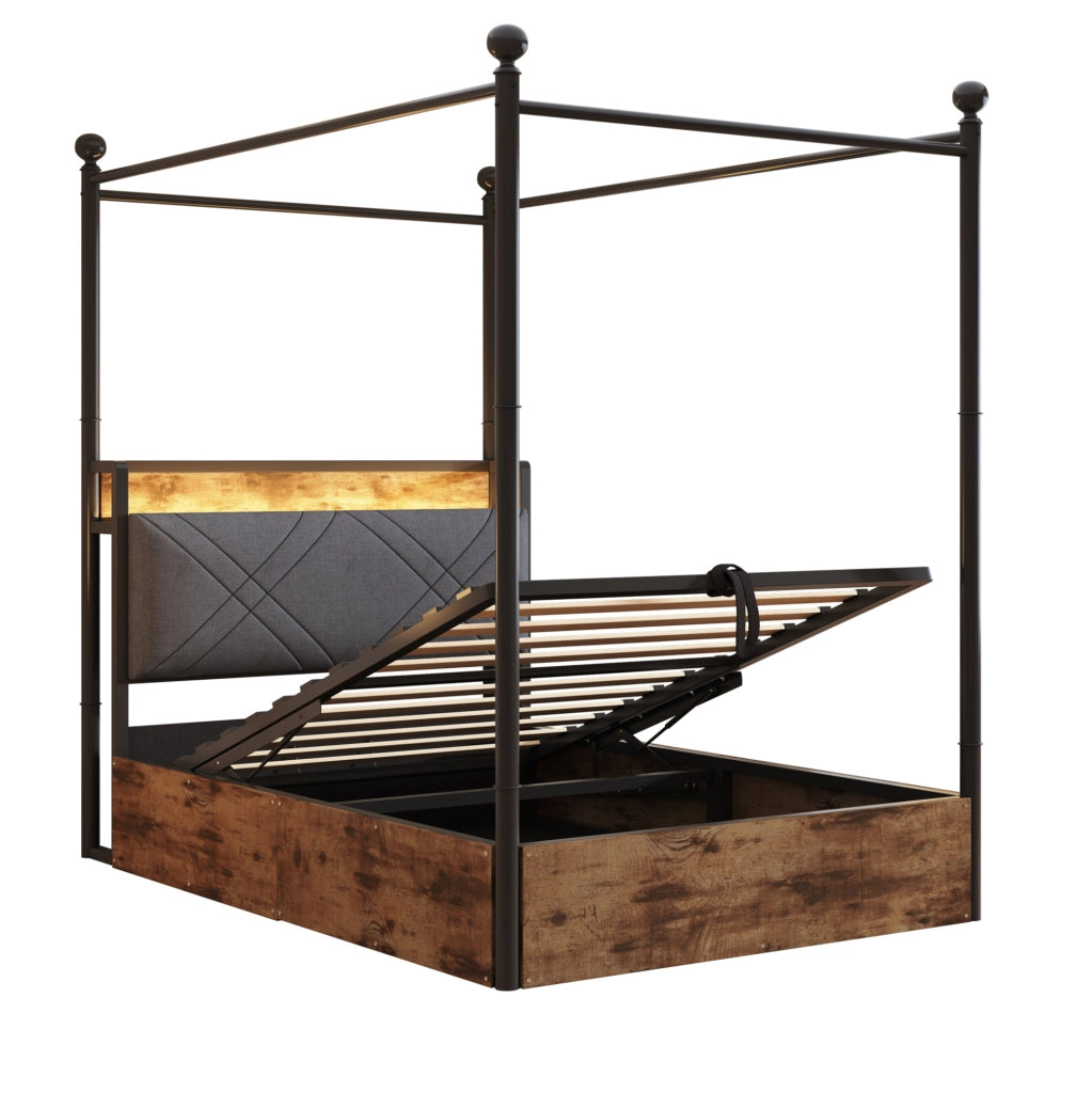 Letto a baldacchino 90x190 cm con contenitore idraulico, LED e USB-C in ferro nero