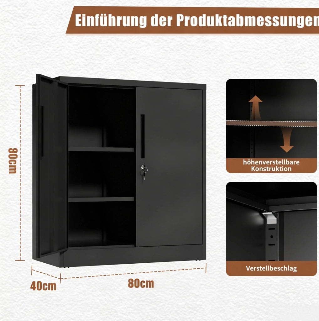 Armadio in metallo con due ante chiudibili e ripiani regolabili 90x80x40 cm, armadietto robusto in acciaio nero per garage e casa, da montare