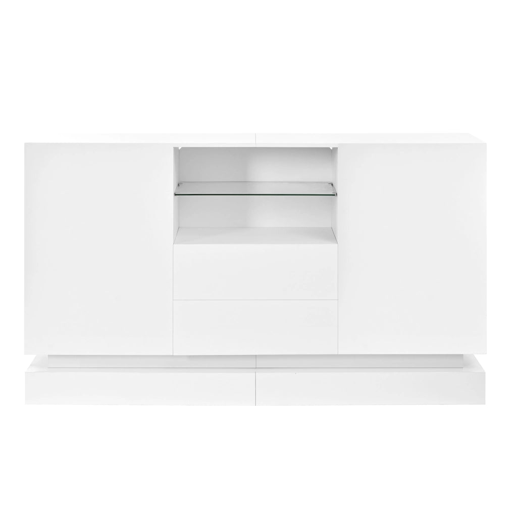 Credenza LED con 2 ante, 2 cassetti e vano aperto, finitura lucida per soggiorno, truciolare bianco, 140 × 40 × 80 cm