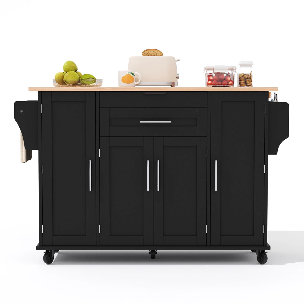 Carrello da cucina 120x45 cm con piano estensibile; MDF nero e naturale