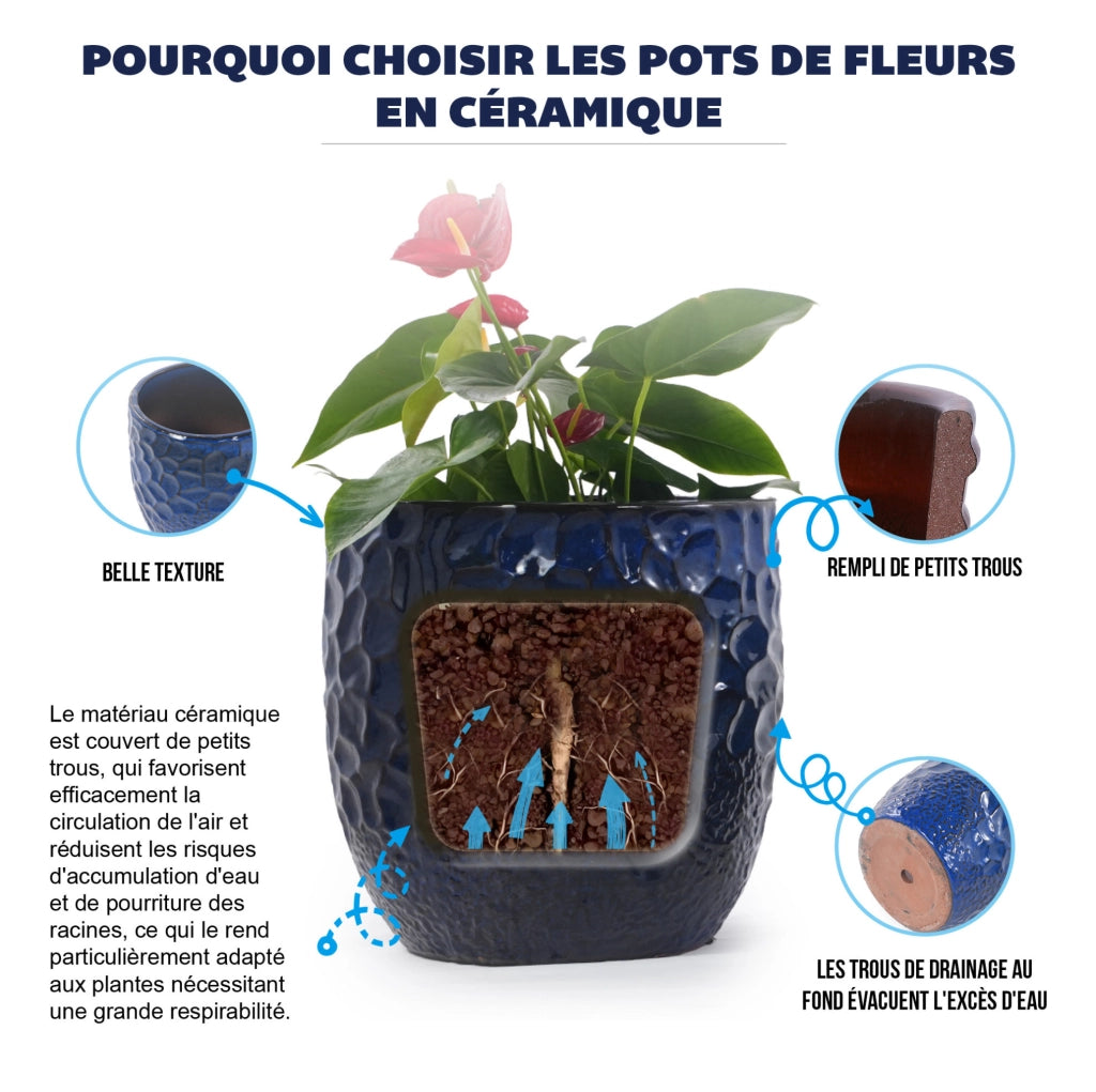 Vaso in Ceramica Smaltata Blu Scuro Ø22,5 cm con Motivo a Martellatura per Piante Grasse e Piante da Interno