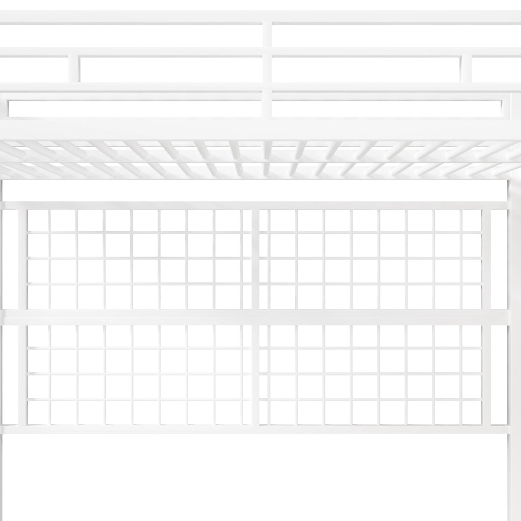 Letto a soppalco 90x200 cm con struttura in ferro, armadio con scala contenitore, griglia appendiabiti, luci LED a 7 colori, bianco, senza materasso