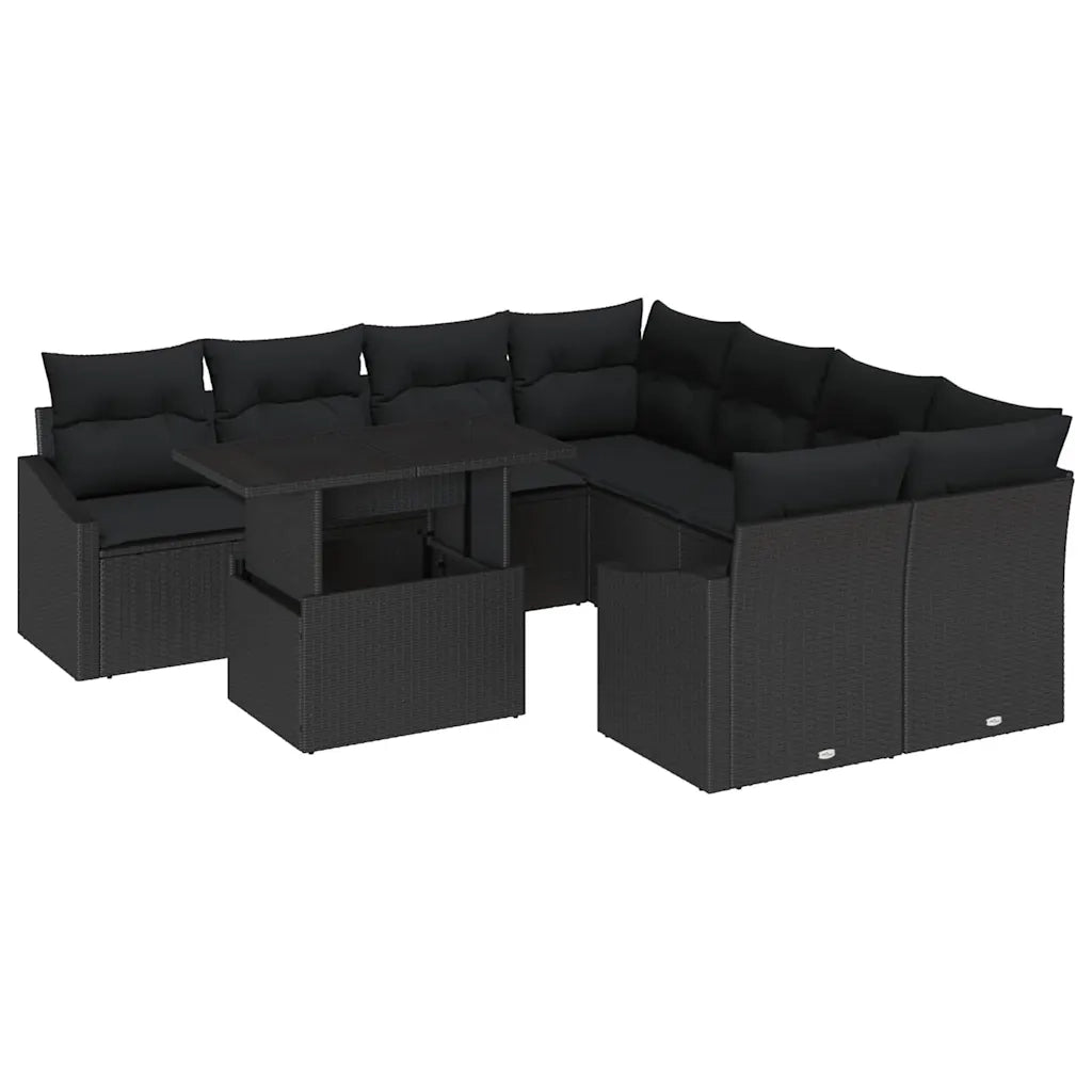 Set Divano da Giardino con cuscino 9 pcs Nero polyrattan
