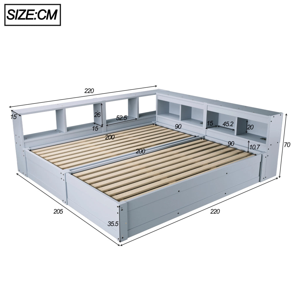 Letto Multifunzionale in Legno Massello 90/180 × 200 cm con Luci LED, Meccanismo Idraulico e Doppia Presa Euro, Grigio