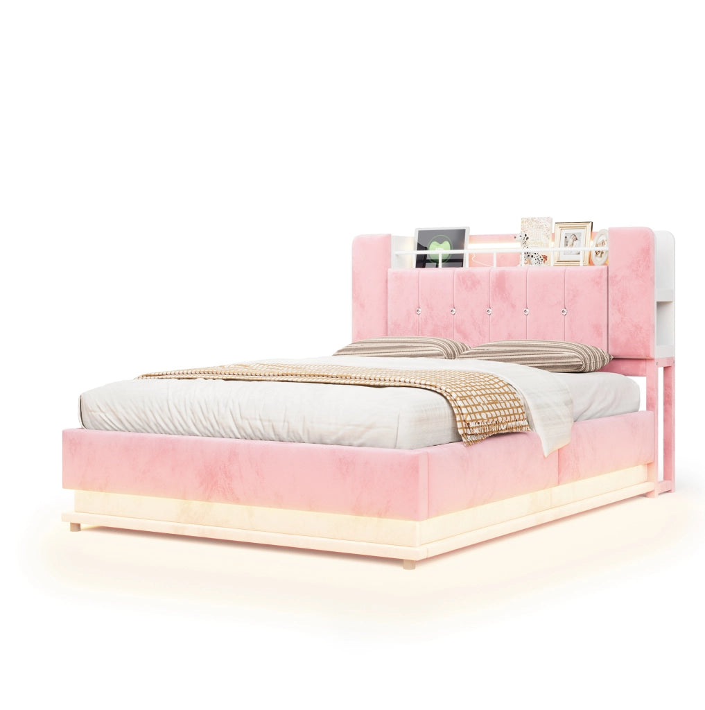 Letto contenitore 140x200 cm in MDF, metallo e velluto rosa con LED e USB senza materasso