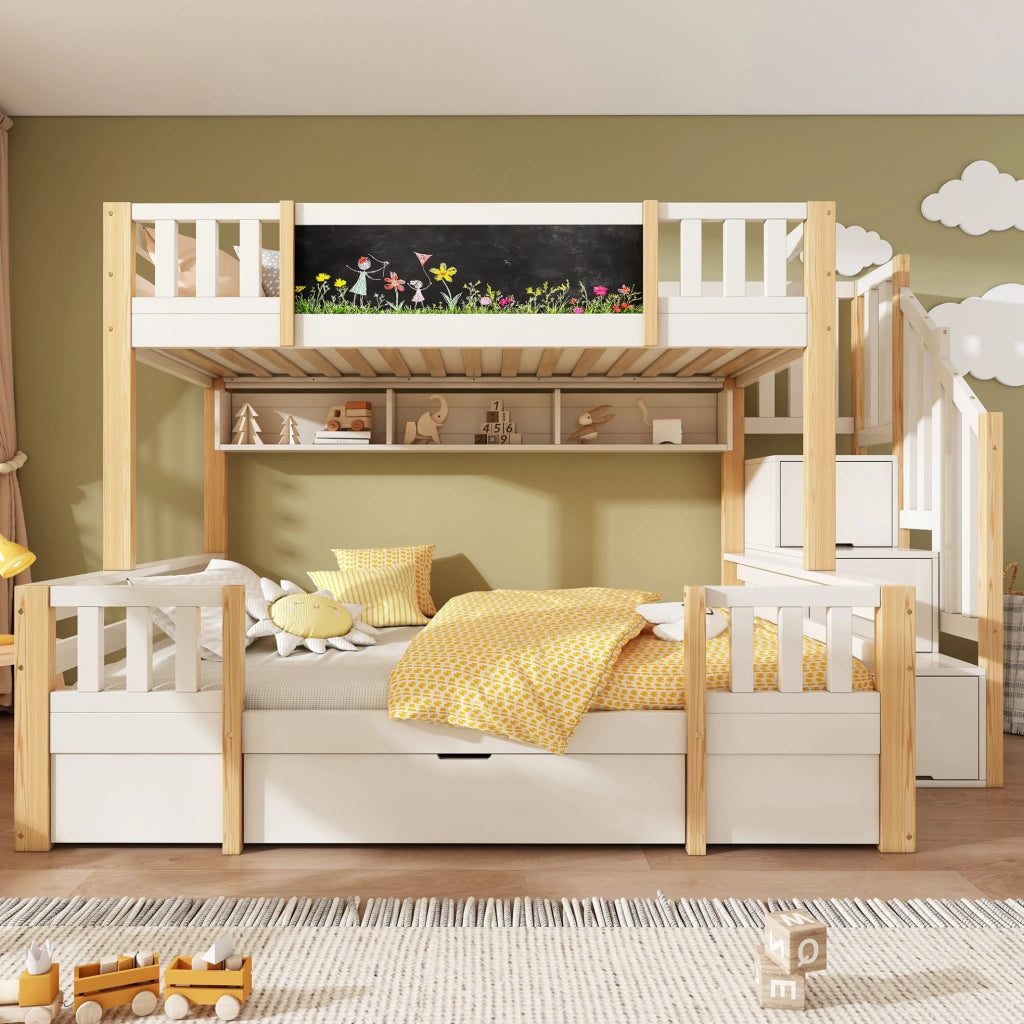 Letto a castello per 3 bambini con lavagna, scala contenitore e cassetti