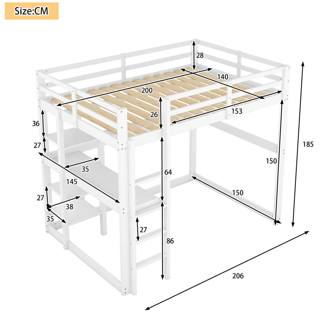 Letto a soppalco per bambini con contenitore, in pino massello, con 4 ripiani e piano scrivania, bianco, 140 x 200 cm