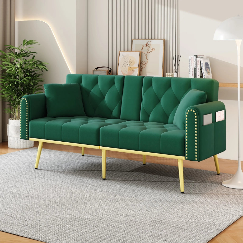 Divano letto 175x80x73,5 cm verde, schienale a 3 posizioni e portabicchieri, velluto