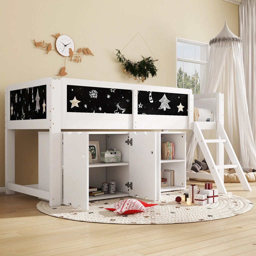 Letto a soppalco per bambini 90 × 200 cm con armadio a 2 ante, lavagna e scala inclinata, senza materasso, bianco