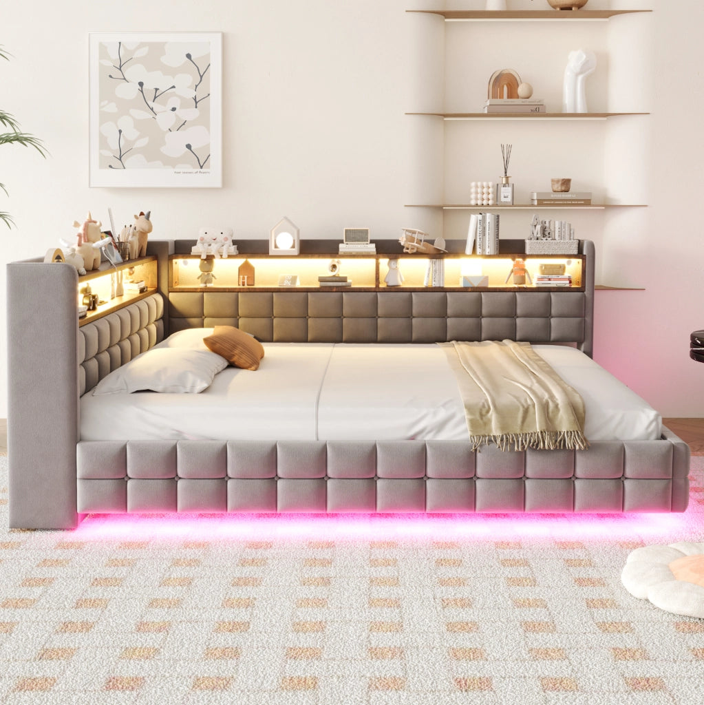 Divano letto imbottito ULEVR 140x200 cm con vano idraulico, LED, presa USB e Type-C, velluto grigio chiaro