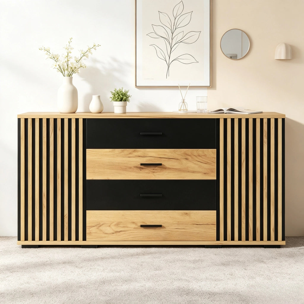 SIDEBOARD 140x35x70 cm in MDF nero e effetto rovere con 4 cassetti e 2 ante