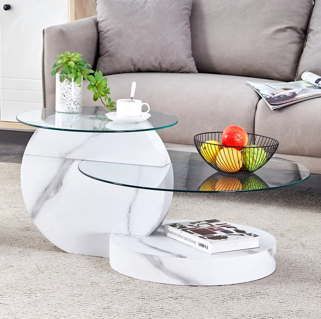 Tavolino da salotto a 2 livelli con vetro temperato e struttura MDF bianco effetto marmo HOMVRA