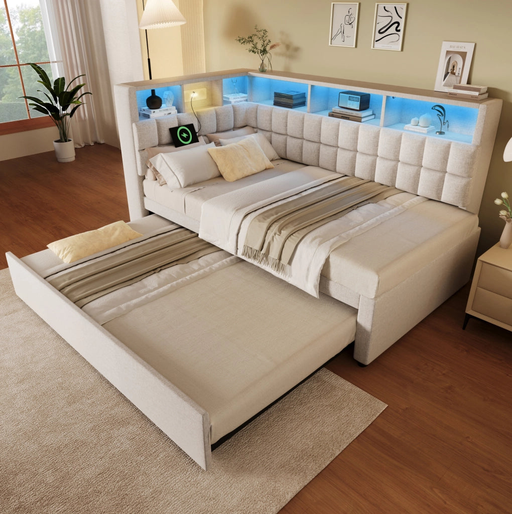 Letto singolo imbottito beige 90x200 con estraibile, LED, Bluetooth e USB-C