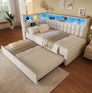 Letto singolo imbottito beige 90x200 con estraibile, LED, Bluetooth e USB-C