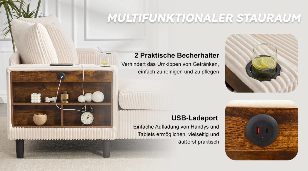 Chaiselongue multifunzione in velluto a coste con ampia zona letto, portabicchieri laterali e illuminazione LED