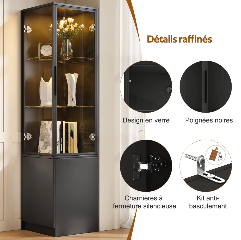Vetrina ad angolo YEAVIO con ante in vetro temperato, LED integrati con controllo app, struttura in pannelli di particelle 40x40x160 cm, colore nero