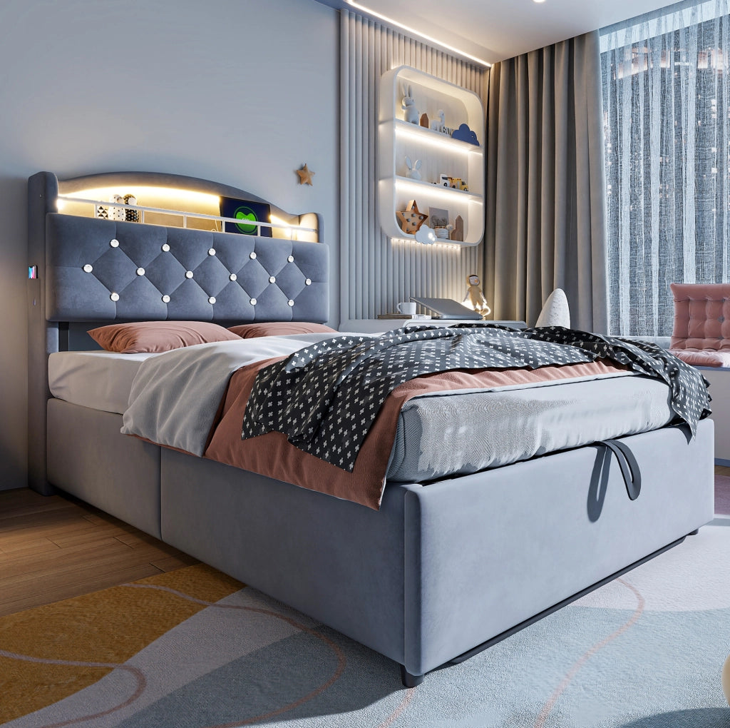 Letto imbottito per bambini 90x200 cm con contenitore, LED, USB e portaoggetti, grigio