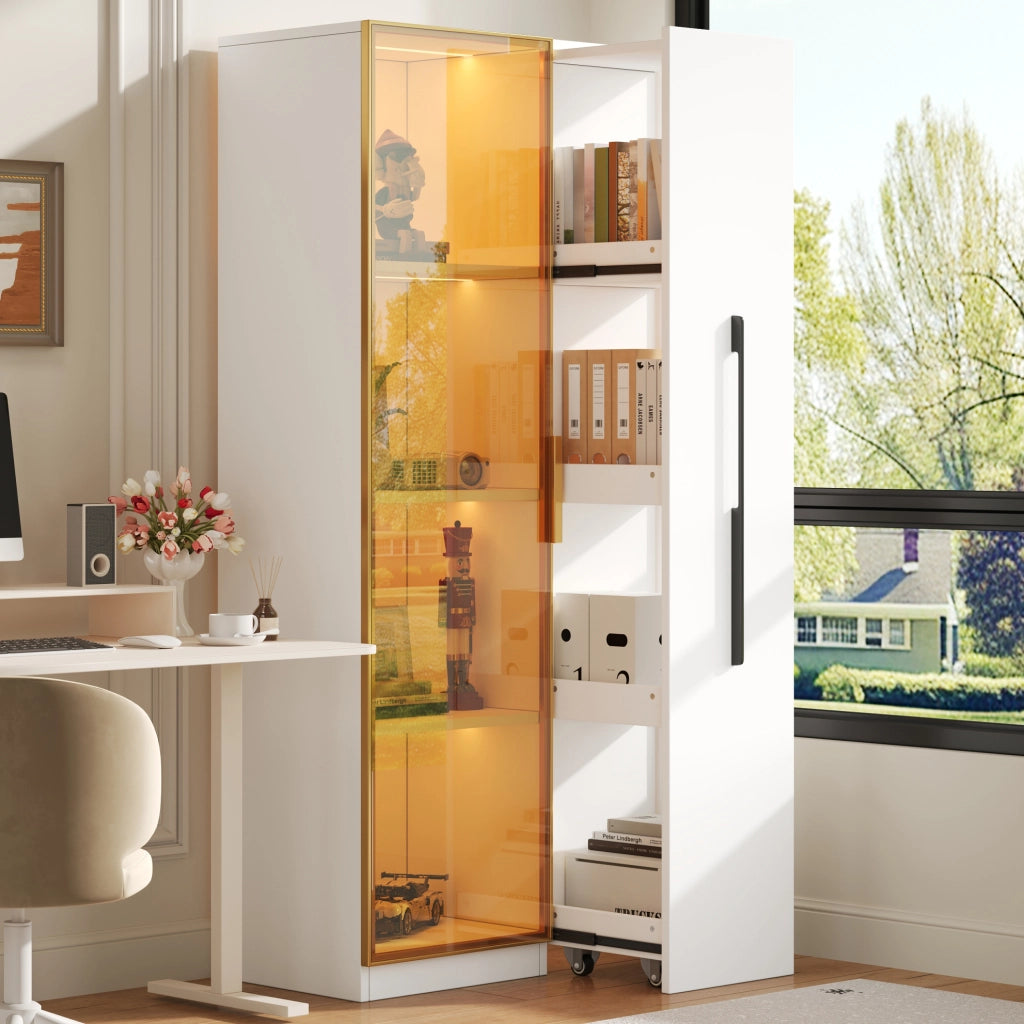 Vetrina 70x40x160 cm in MDF bianco con ante in vetro colorato; LED e modulo estraibile