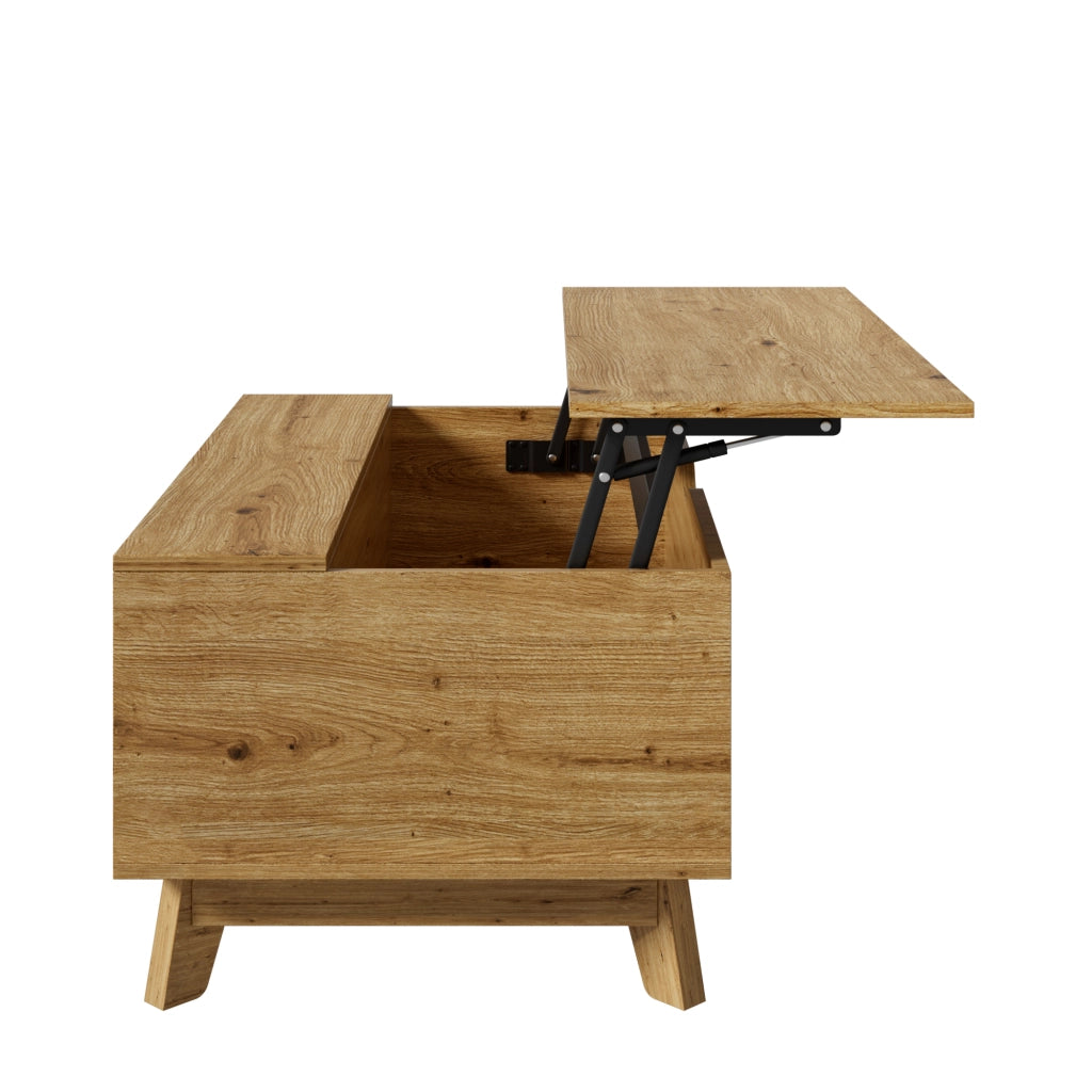 Tavolino basso alzabile con piano estensibile e anta scorrevole a lamelle in MDF naturale 90 × 55 × 57.5 cm