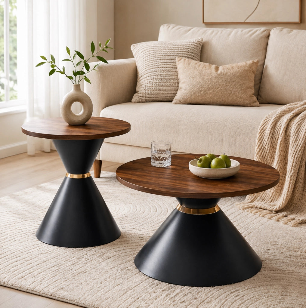 Set di 2 tavolini rotondi con piano in melamina effetto noce e base in metallo nero con dettagli dorati