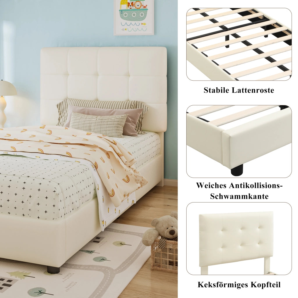 Letto singolo 90 × 200 cm con testiera imbottita in PU e rete a doghe beige
