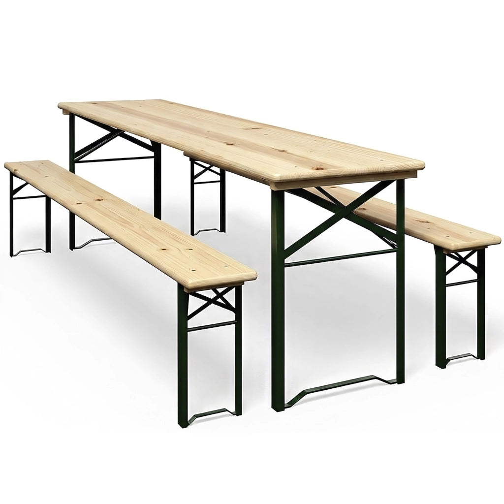 Set Birreria 200 x 70 Cm XL 8 Posti 3 Pezzi 2 Panche 1 Tavolo Pieghevole Panca Da Feste Sagra Legno Abete Struttura Acciaio