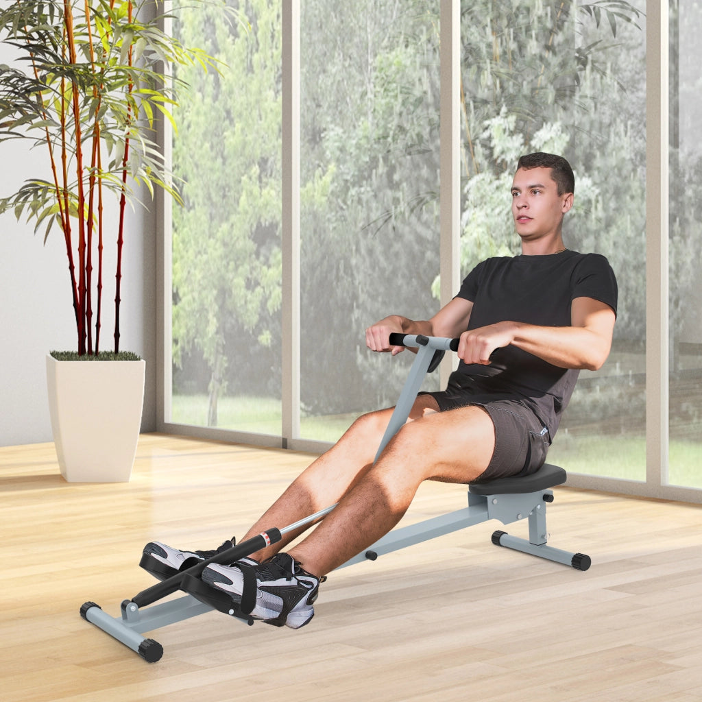 Vogatore con display LCD, attrezzatura fitness, vogatore a carrucola, allenatore domestico, con display LCD, acciaio+PVC, grigio, 130x47,5x67 cm
