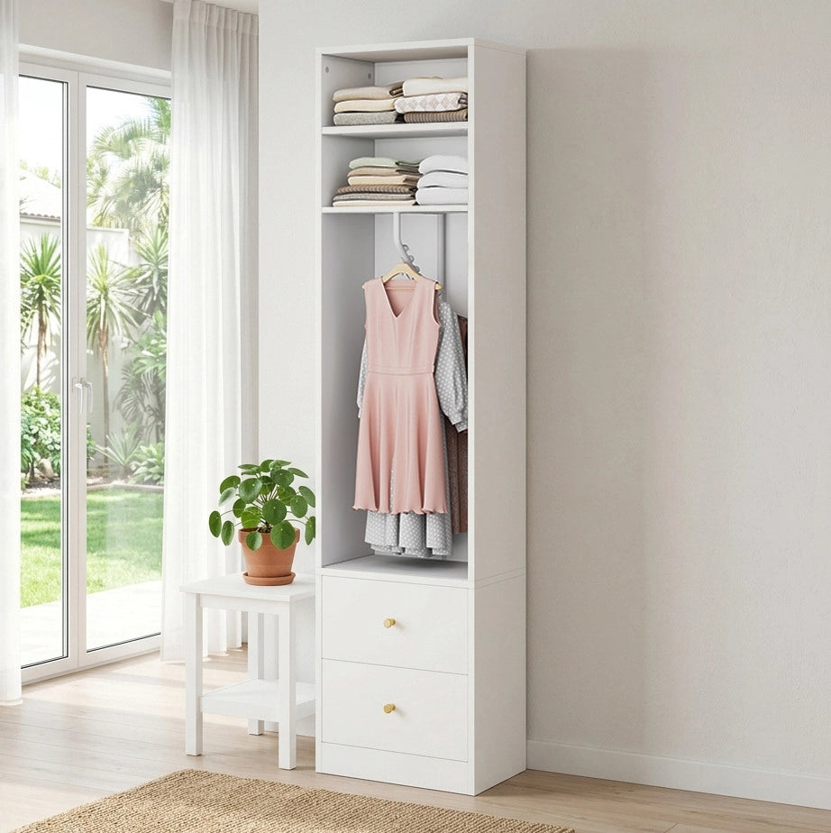 Armadio stretto bianco con 2 cassetti e 1 bastone appendiabiti, 50x30x200 cm