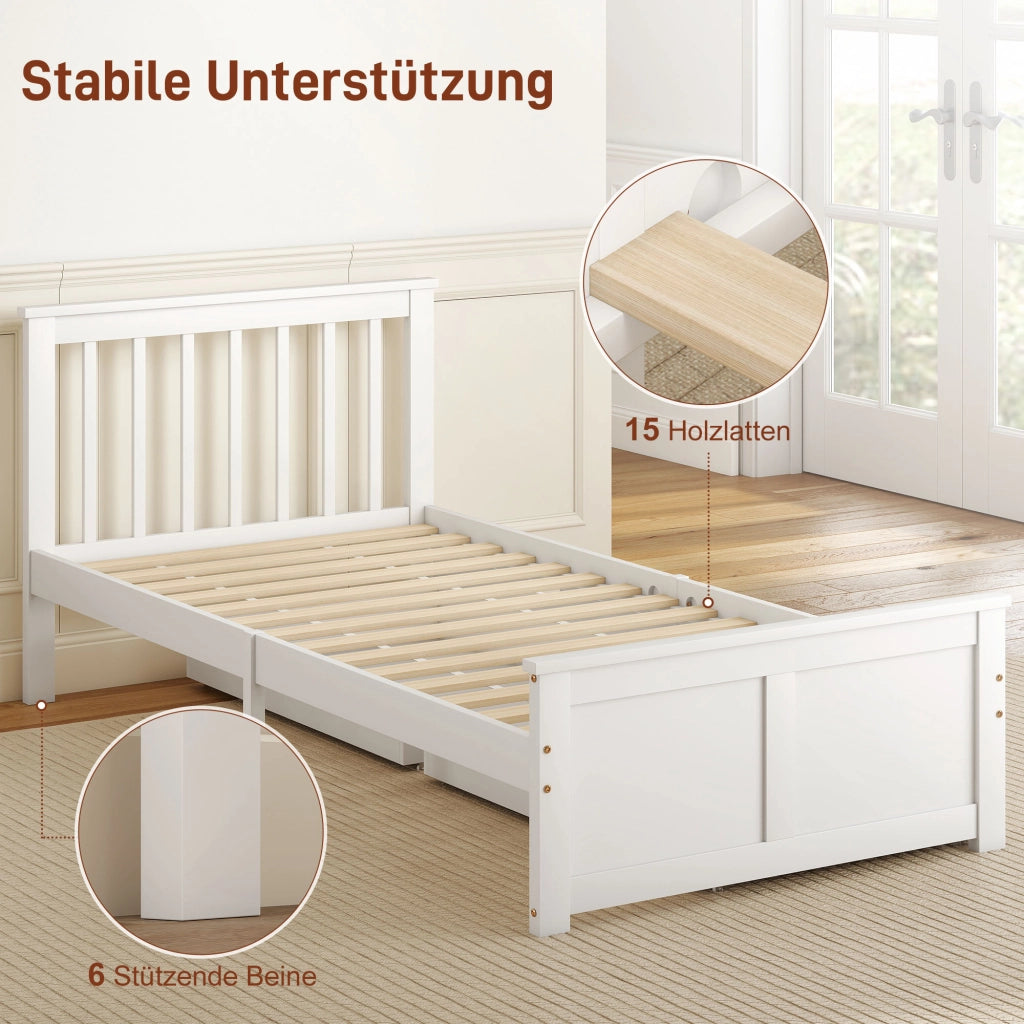 Letto Singolo 90 x 200 cm in Legno Bianco con 2 Cassetti su Ruote, Giroletto Robusto e Salvaspazio per Camera da Letto