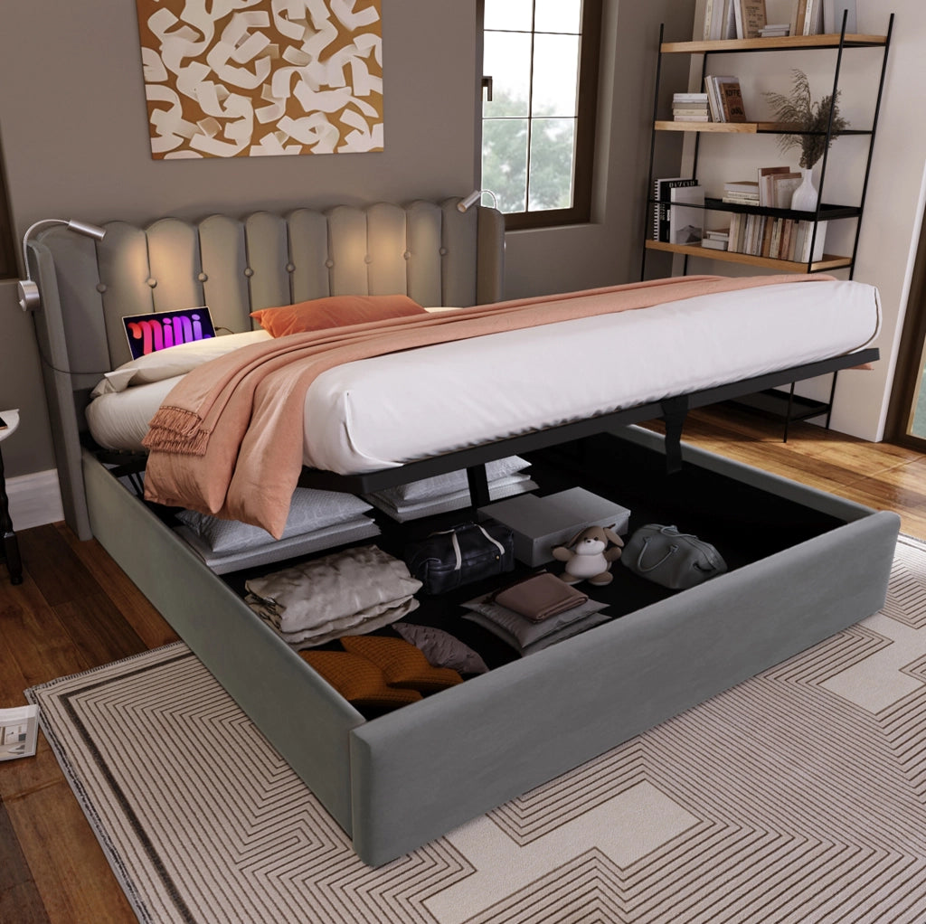 Letto matrimoniale contenitore 140x200 cm in velluto grigio con luce da lettura e USB