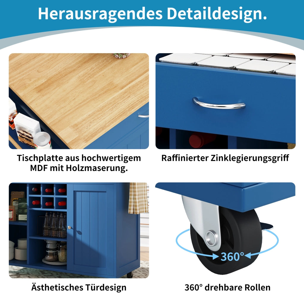 Mobile base da cucina con ruote bloccabili portabottiglie e ripiani laterali MDF blu 102 × 45 × 92 cm