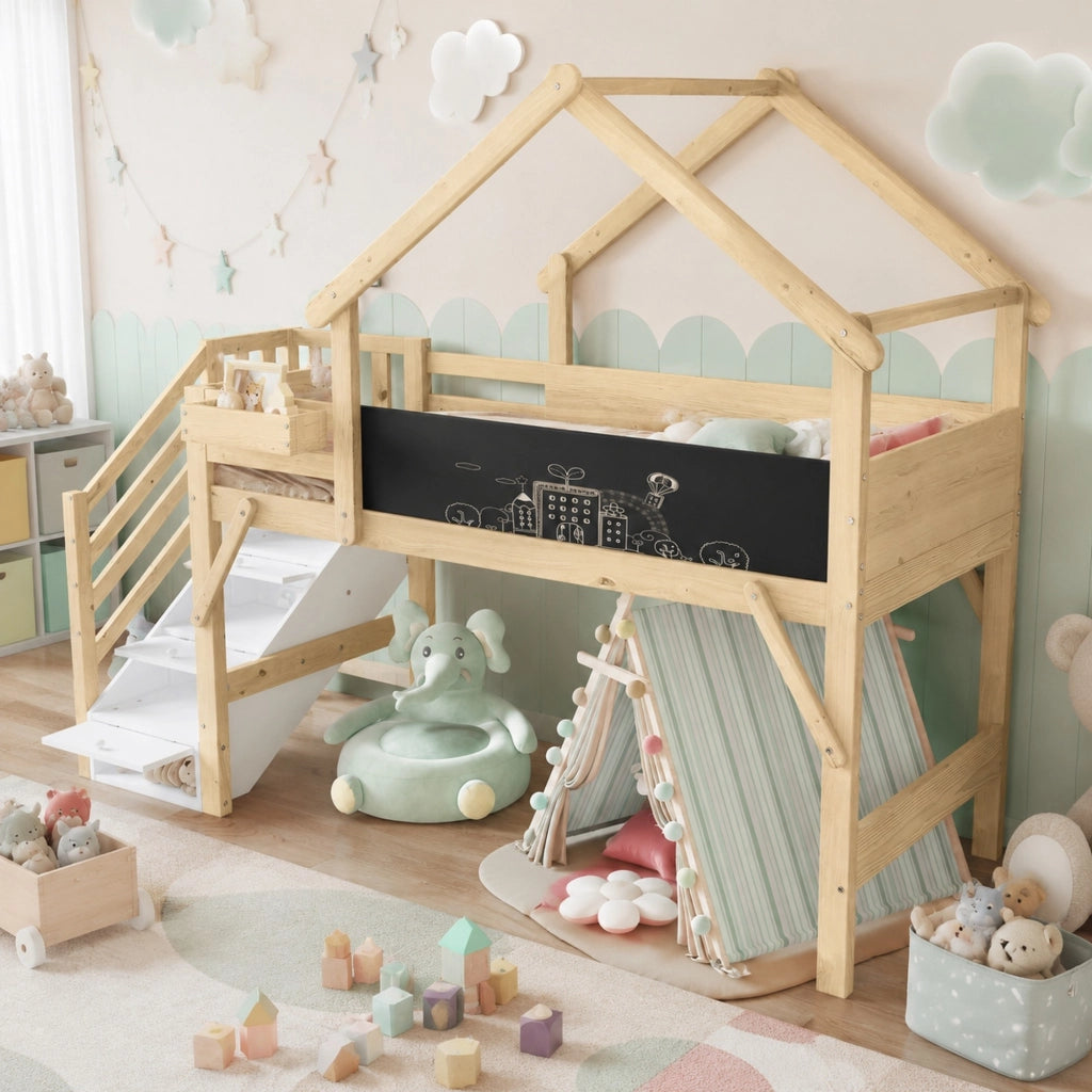 Letto a castello per bambini 90 × 200 cm con scala contenitore lavagna e tetto in legno bianco e naturale
