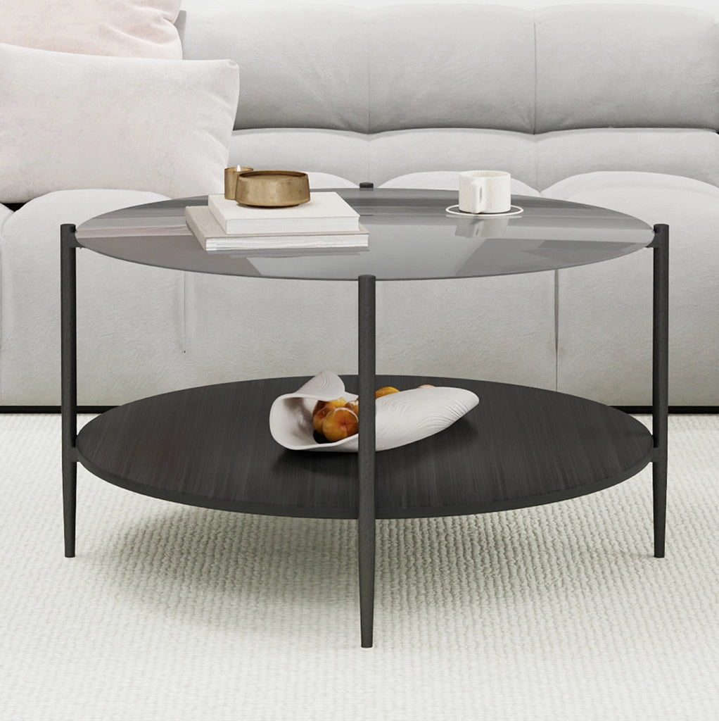 Tavolino da caff¨¨ rotondo ?82x45 cm a due ripiani in vetro temperato nero